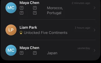 Mapsake's friends feed showing newly visited places and achievements