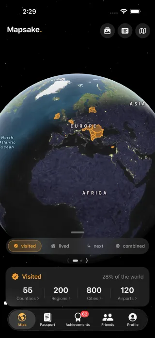 Mapsake Atlas showing a globe of recorded travel places
