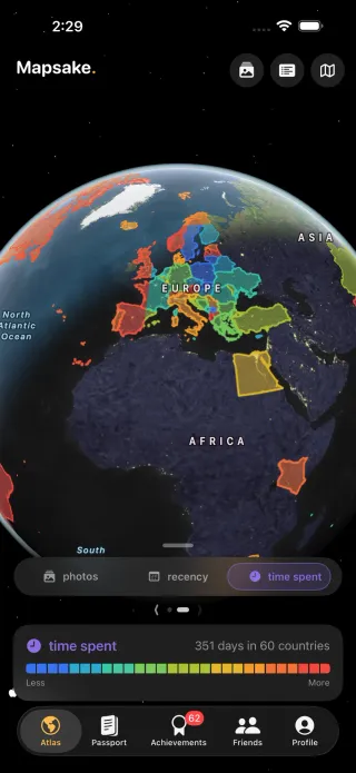 The map shaded into a heatmap by how many photos were taken in each country