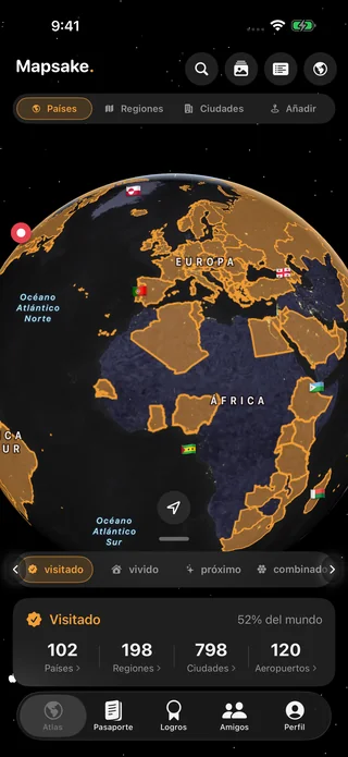 Países visitados, habitados y próximos en el globo de Mapsake
