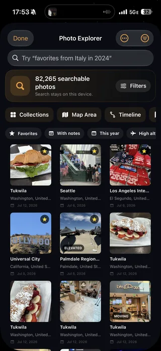Mapsake Photo Explorer with filters, collections, map and timeline controls, and travel photo results